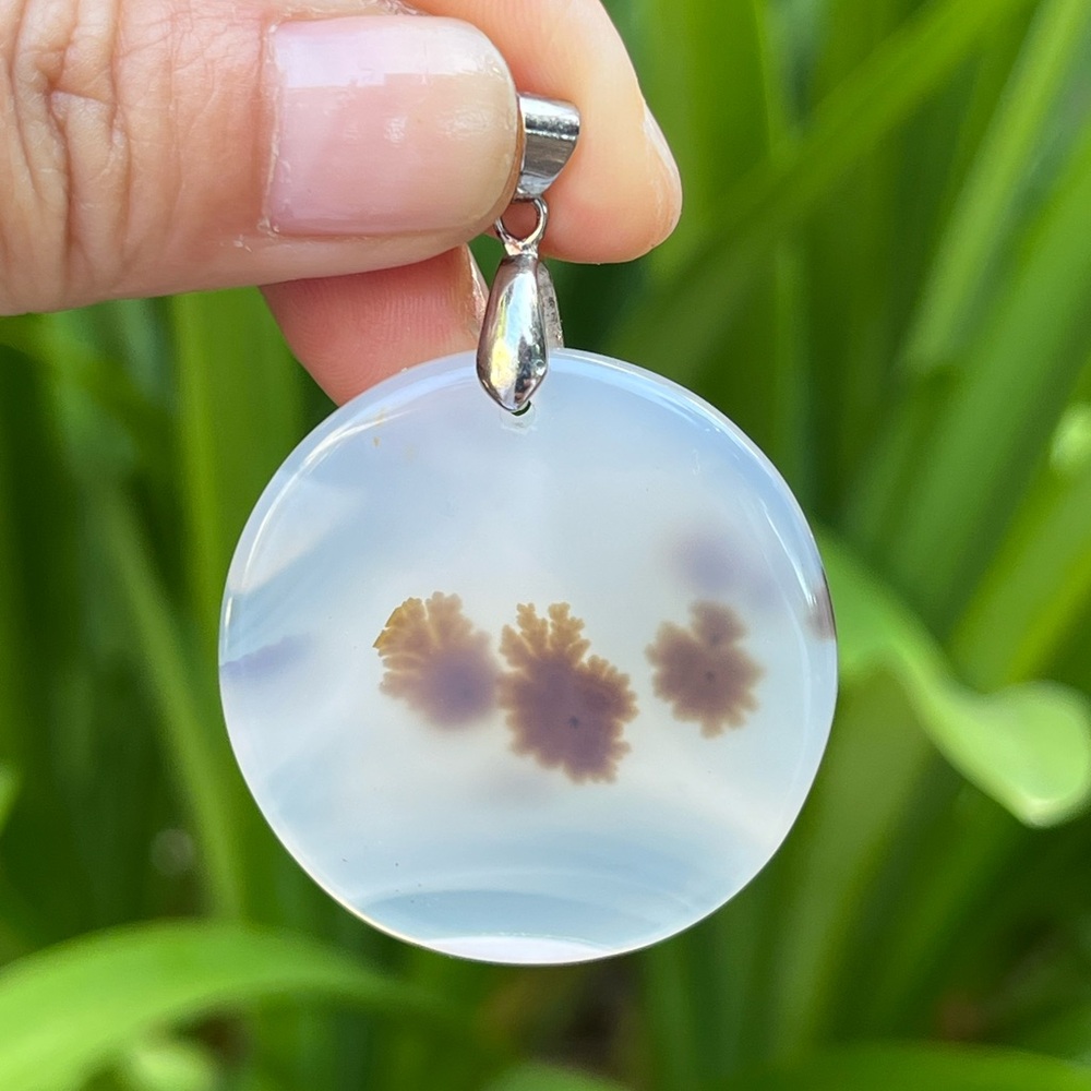 Sterling silver round flower pattern dendritic agate 2021